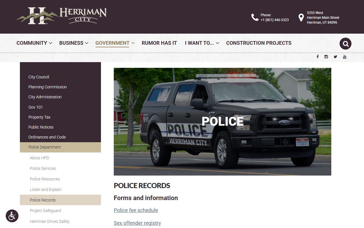 Herriman Police records request page for booking releases