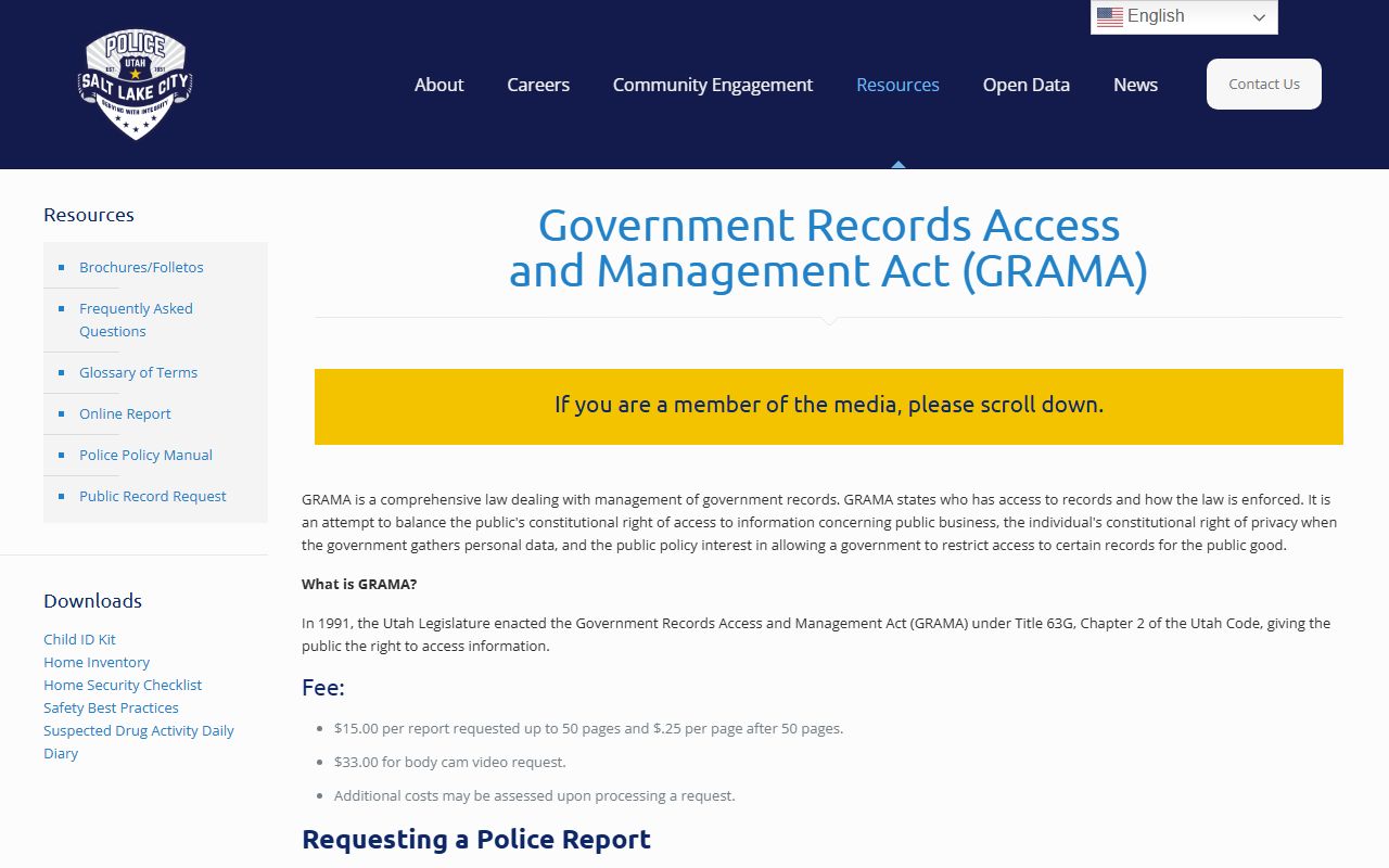 SLCPD GRAMA records request page for Salt Lake City booking releases