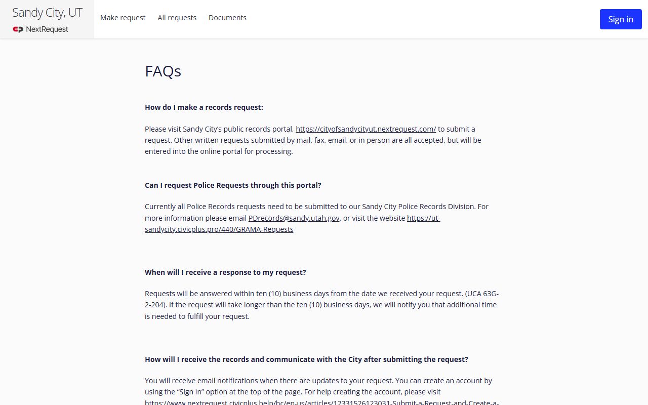 Sandy City records request FAQ page for booking releases