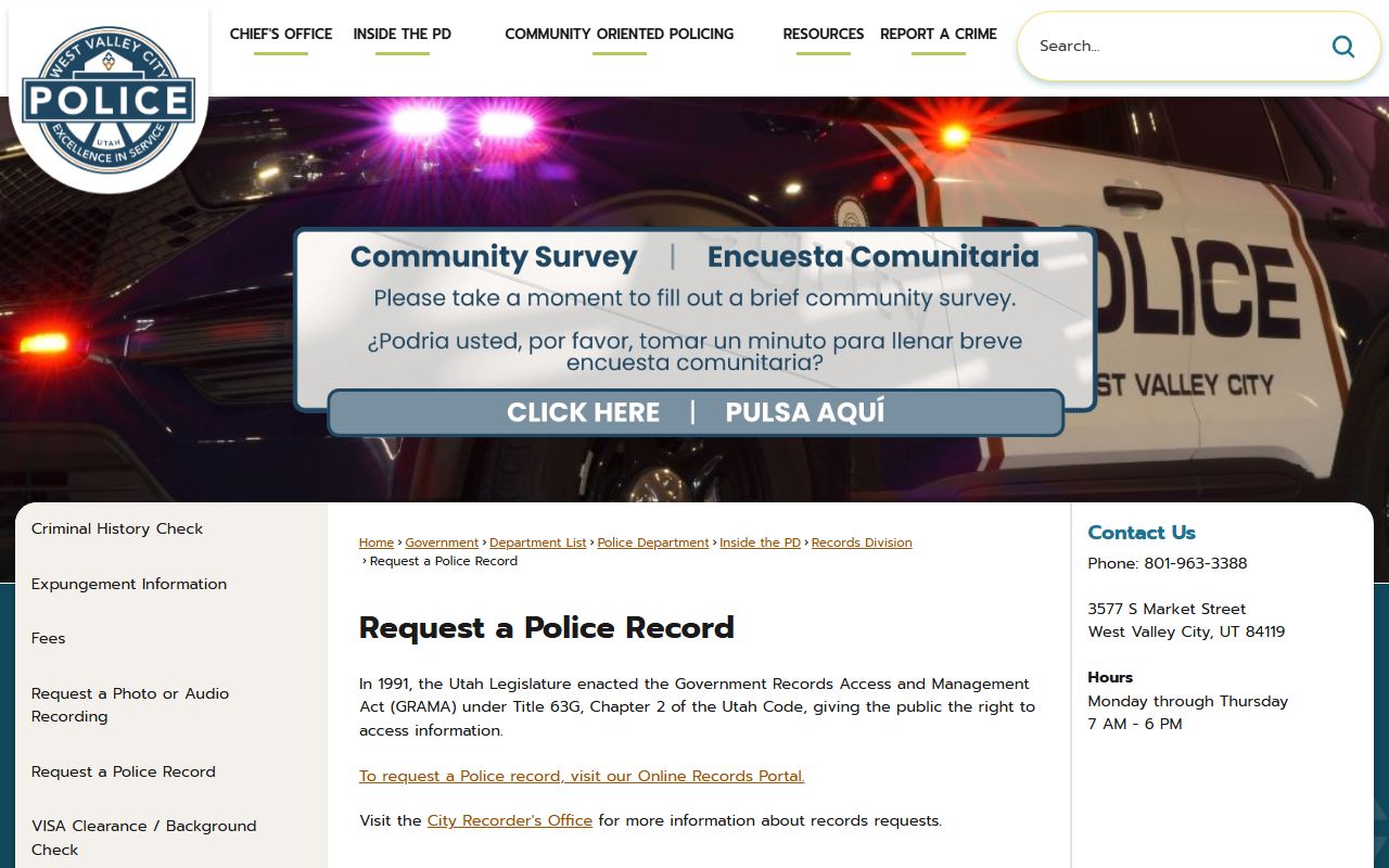 West Valley City Police record request page for booking releases